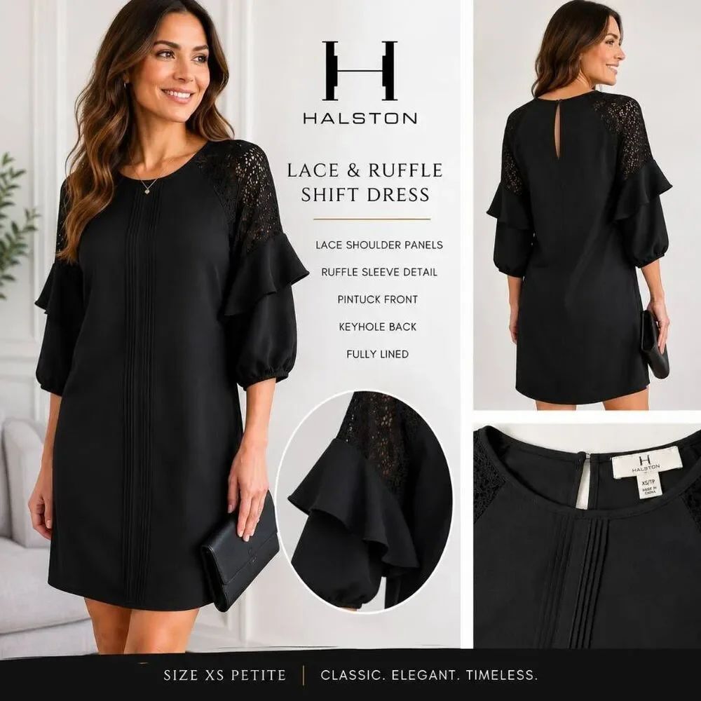 Halston Black Shift Dress XS Petite Lace Ruffle Sleeve Keyhole Back Career